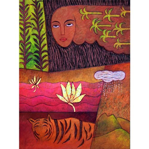 SKSN06 
Women with Tiger in Surreal Nature 
Mixed media with gold foil engraved on MDF wood 
15.5 x 11.5 inches 
Unavailable (can be commissioned)